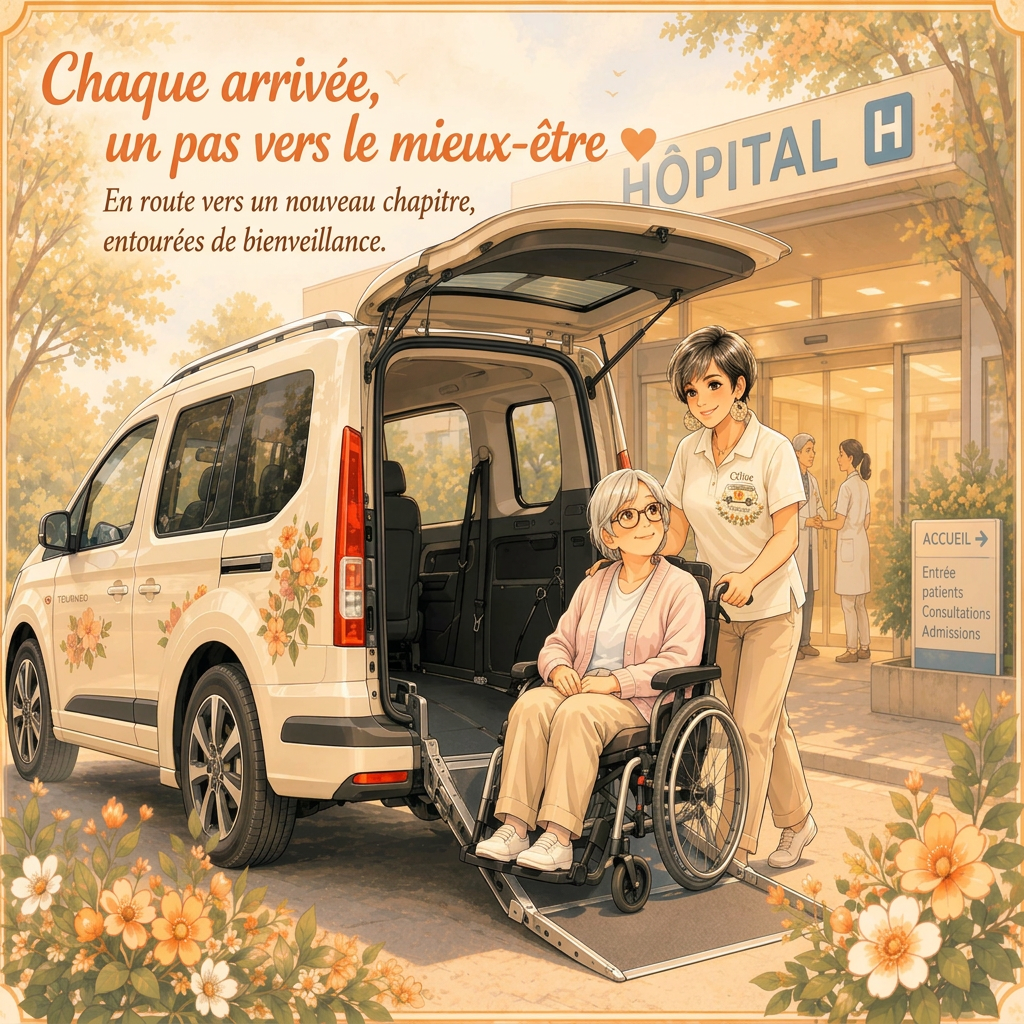 Céline accompagne une personne en fauteuil roulant vers son véhicule adapté